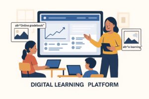 Teacher using a digital learning platform with students on laptops for online education and e-learning"