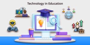 "Stylized illustration showing a laptop, mobile icon, interactive interface, and learning symbols—depicting future EdTech with mobile, blended learning, and remote collaboration."